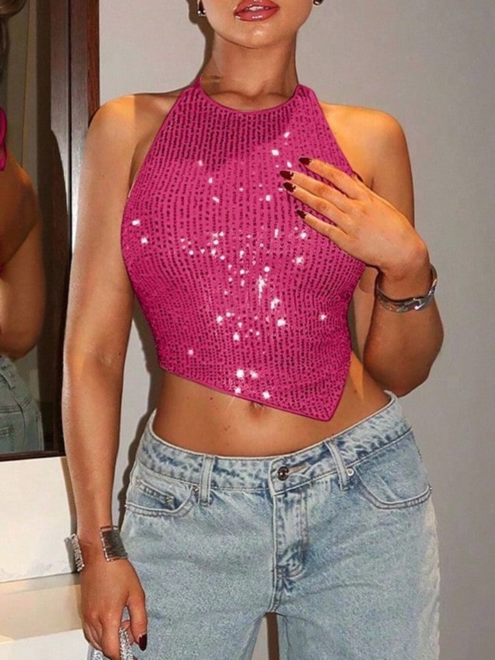 Hot Pink Party Women's Sequin Backless Asymmetrical Crop Halter Top